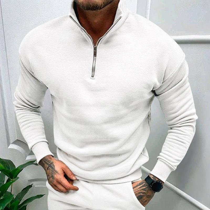 Men's Autumn And Winter Fleece-lined Solid Color Long Sleeve Apricot / XL-White-3