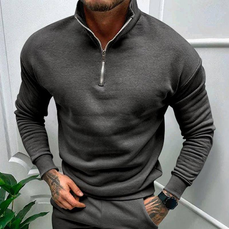 Men's Autumn And Winter Fleece-lined Solid Color Long Sleeve Apricot / XL-Dark Gray-8