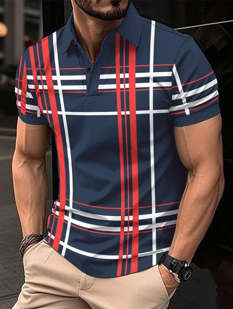 Men's Printed Lapel Button Sport Short Sleeved Shirt Navy Blue / 3XL-Navy Blue-8