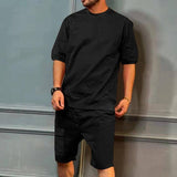 Men's Sports Suits Summer Round Neck Short-sleeved Top And-Black-3