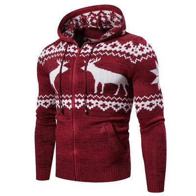 Men's Zipper Hooded Fawn Christmas Sweater-Wine Red-6