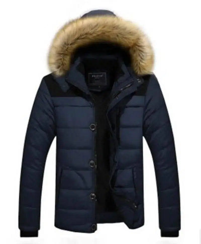 Men's fur collar hooded cotton jacket-Dark Blue-1