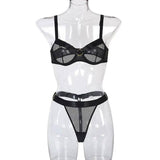 Mesh Stitching Ladies Sexy Lingerie Set-Black-2