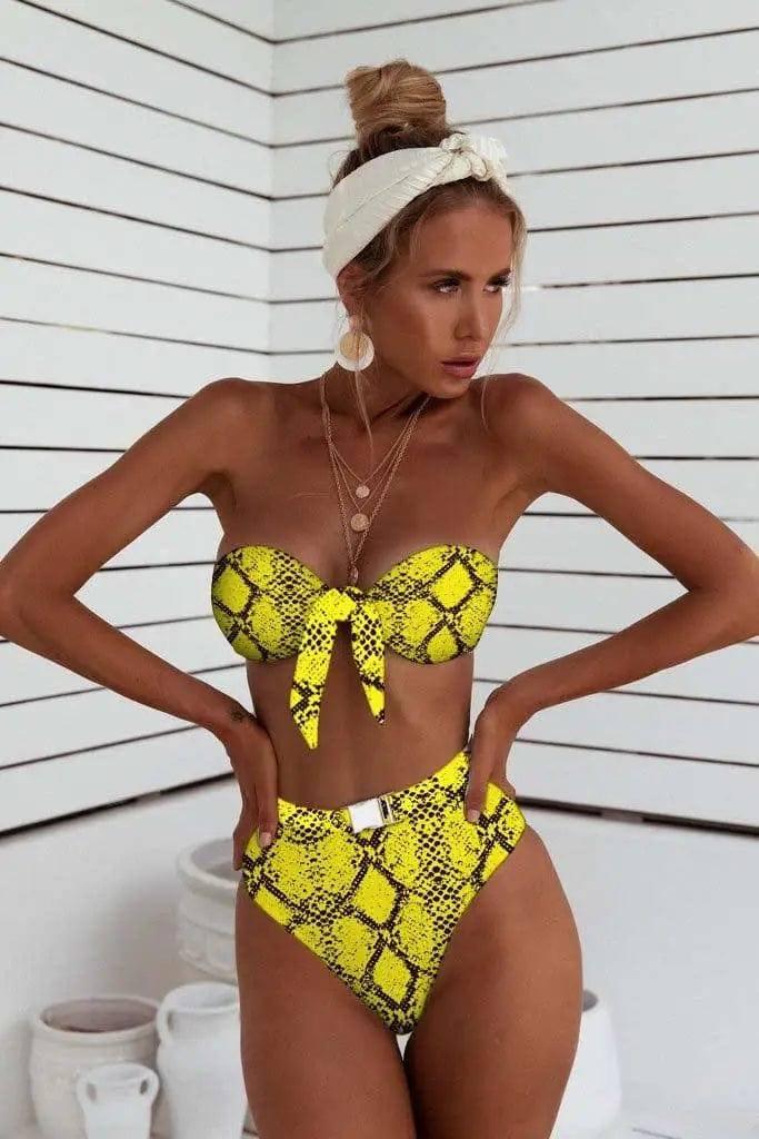 Metal buckle split swimsuit bikini-Yellowsnakepattern-3