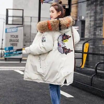 Mid-length Large Fur Collar Down Coat Plus Size Korean-Whitecolorhair-9