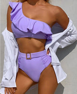 Ms. Mason's Solid Color Ruffled Split Swimsuit Sexy Bikini-Purple-1