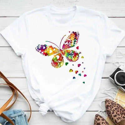 New Fashion Women T-shirt Colorful Butterfly Petal Print-4