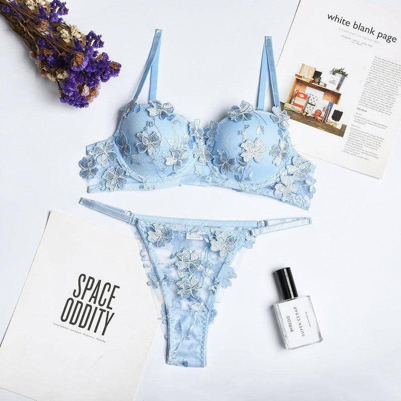 New Lingerie Set Flower Embroidery Girl Underwear With-Blue-5