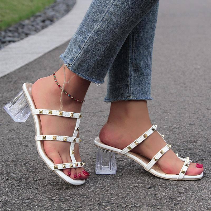 New Square Toe Transparent Sandals With Rivet Design Summer-White Slippers-8