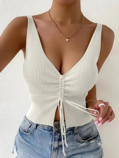 New Summer Women Drawstring Front Ribbed Knit Tops Femme-5