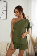 Off-the-shoulder Short Sleeve Sloping-shoulder Off The-shoulder Casual Two-piece Suit-Army Green-5