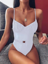 One-piece bikini with belt-White-4