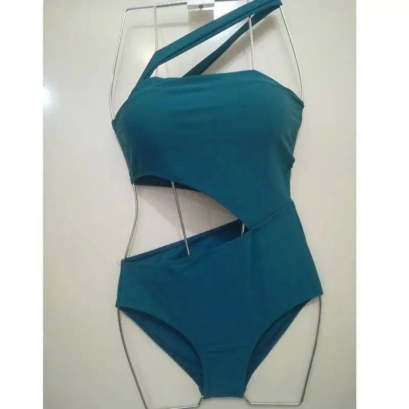 One Shoulder Gather Bikini-Green-2