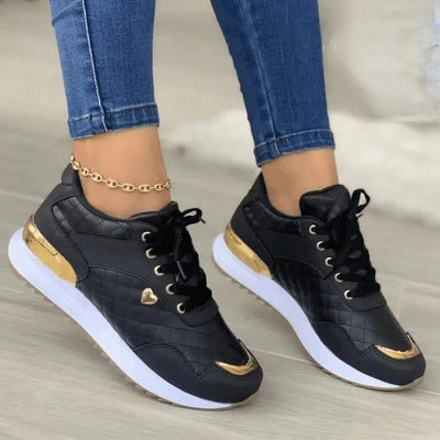 Plaid Sneakers Women Patchwork Lace Up Shoes With Love Decor-Black-1