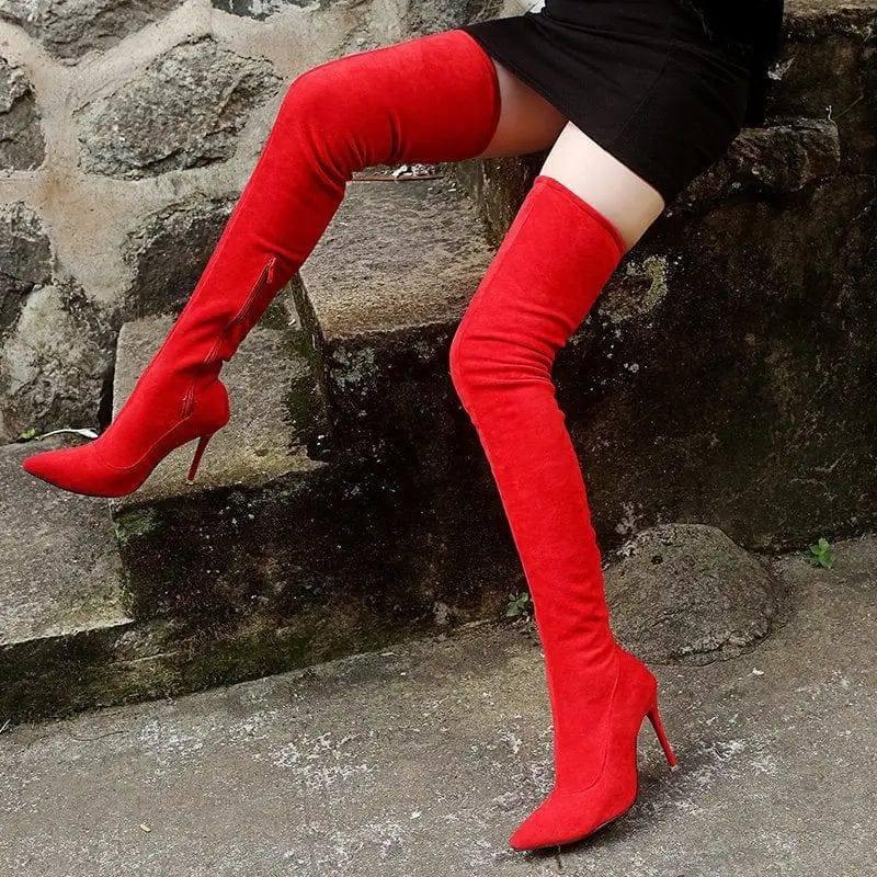 Pointed High Heel Over The Knee Boots Women-Red-5