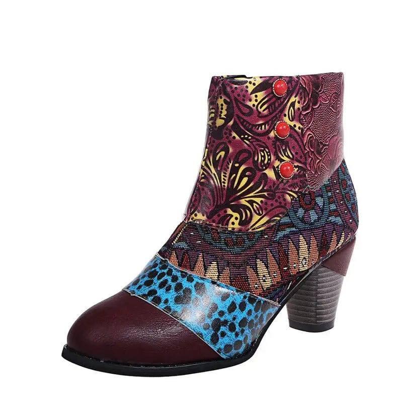 Print Ankle Boots Chunky Mid Heel Boots Women Side Zipper-Purple-8