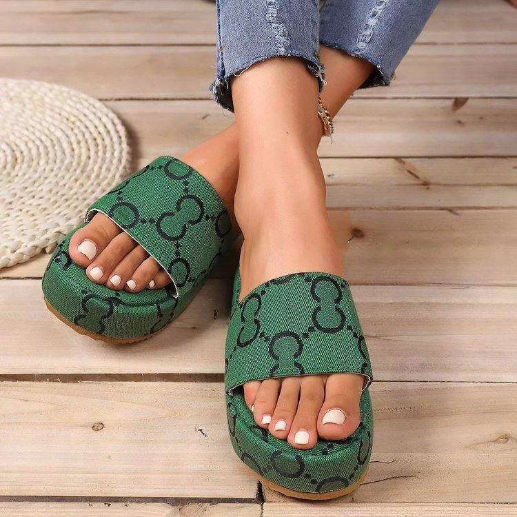 Print Thick-Soled Slippers-Green-6