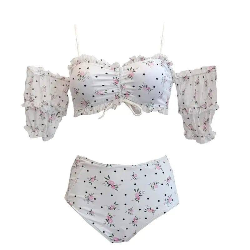 Printed polka dot ruffled drawstring bikini-White-2