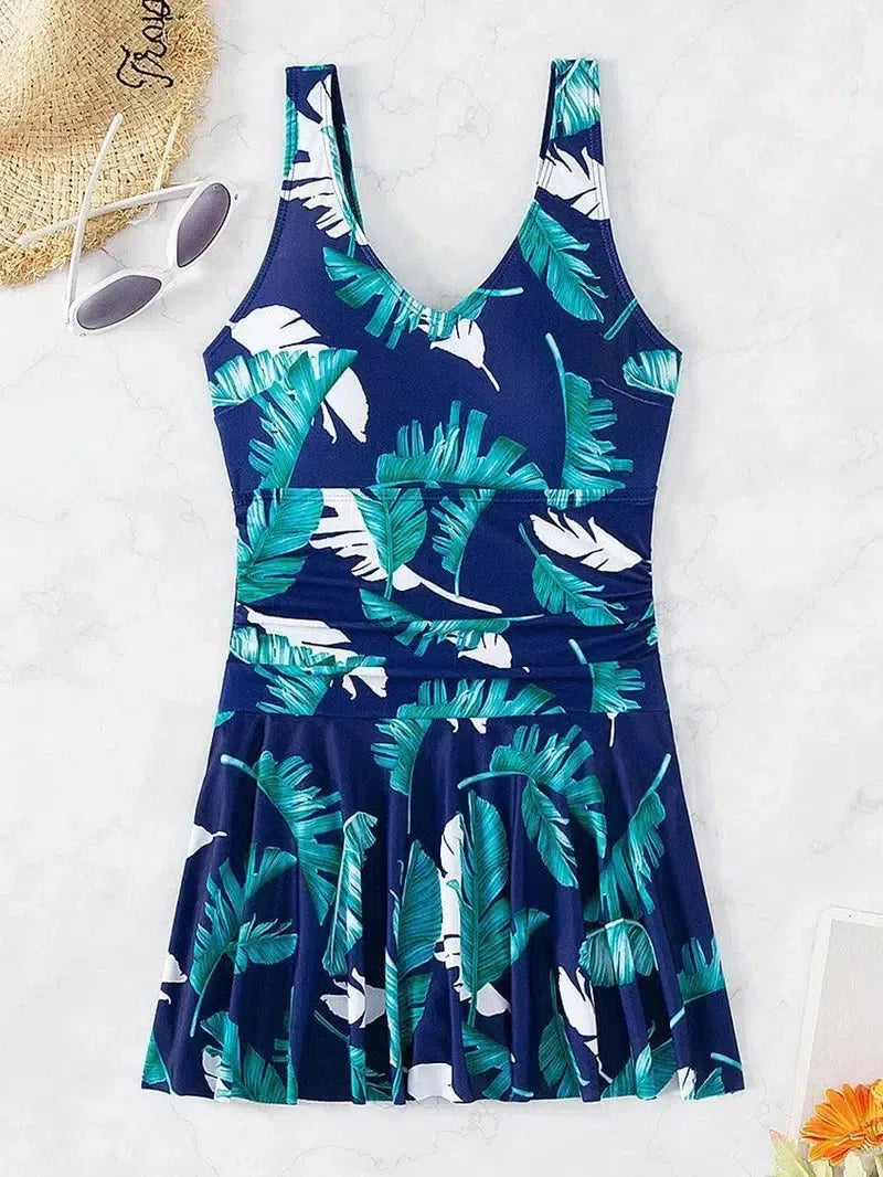 Printed Swimsuit Women One Piece Swim Dress Padded Swimwear-Leaves-8