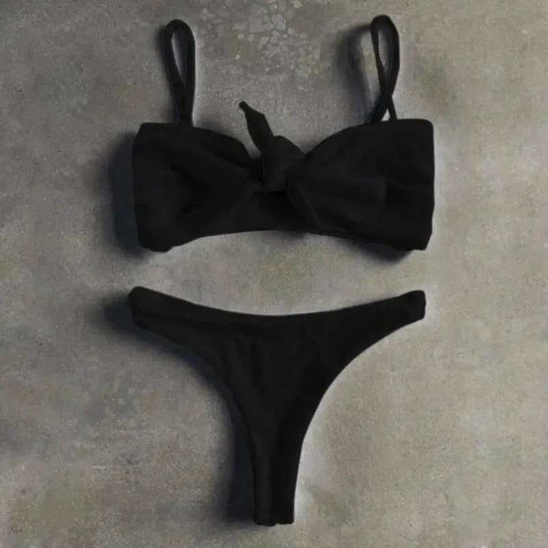 Pure Color Bikini Strap And Bow Split Swimsuit-Black-2