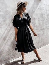 Pure Color Wide Loose Short Sleeve V-Neck Dress-Black-2