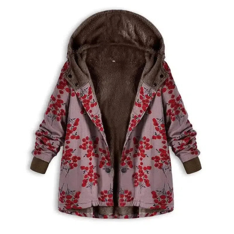 Retro flower print plus size hooded jacket top-Red-4