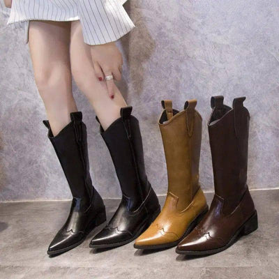 Retro Pointed Toe Thick Heel High Boots Women-4