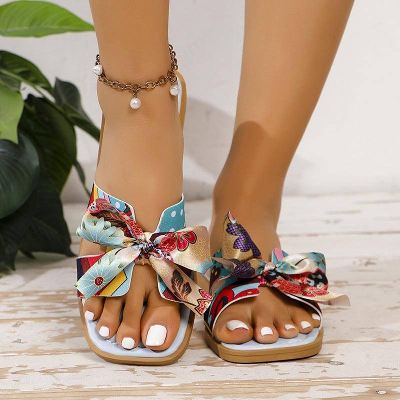 Ribbon Bow Sandals Summer New Square Toe Low Heel Sandal For-6