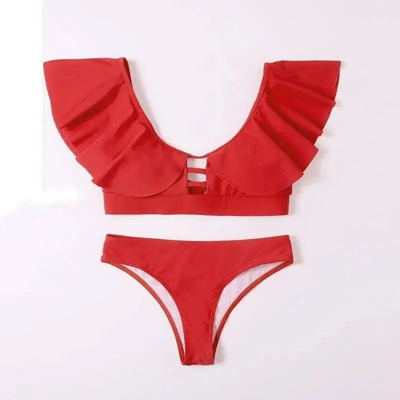 Ruffle Solid Tie Bikini Split Ladies Swimwear-Red-2