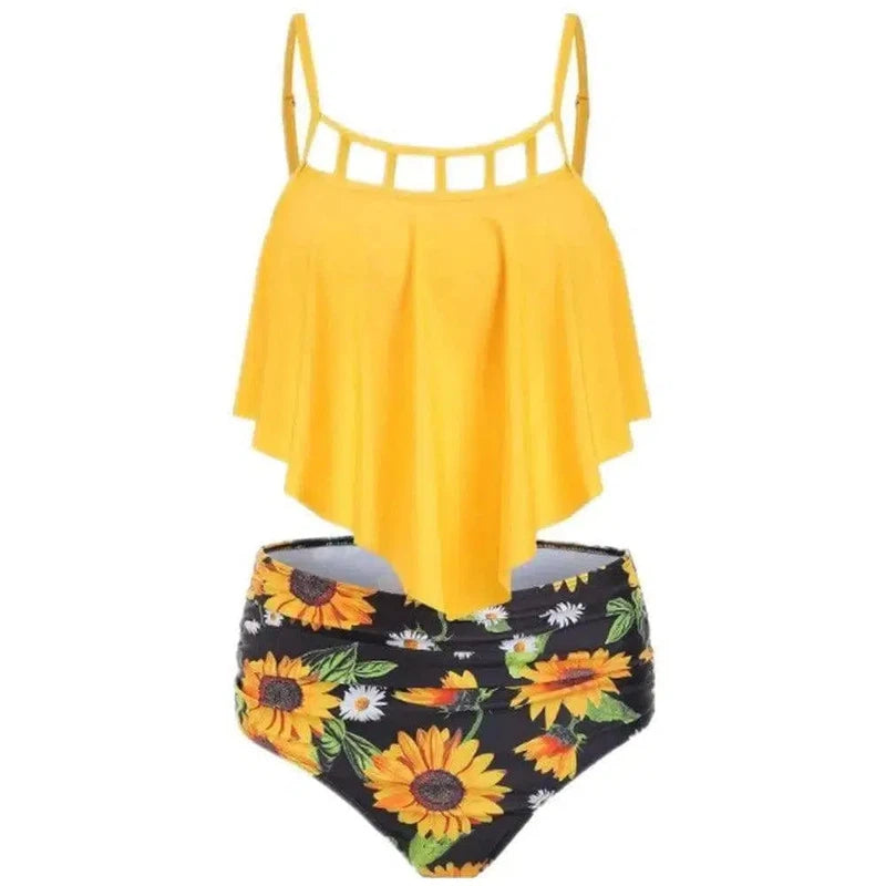 Ruffled Sunflower-print High-rise Bikini European-Yellow-2