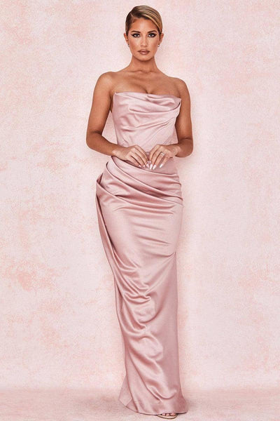 Satin Tube Top Split Knee-length Dress-Pink-6