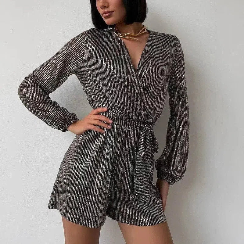 Sequined Long Sleeve Dress Women-Silver-6