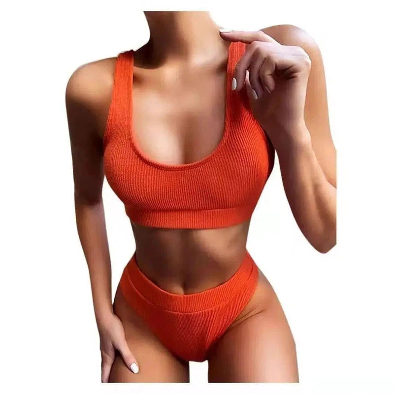Knitting Bikini Female Swimsuit High Waist Swimwear-Orange-3