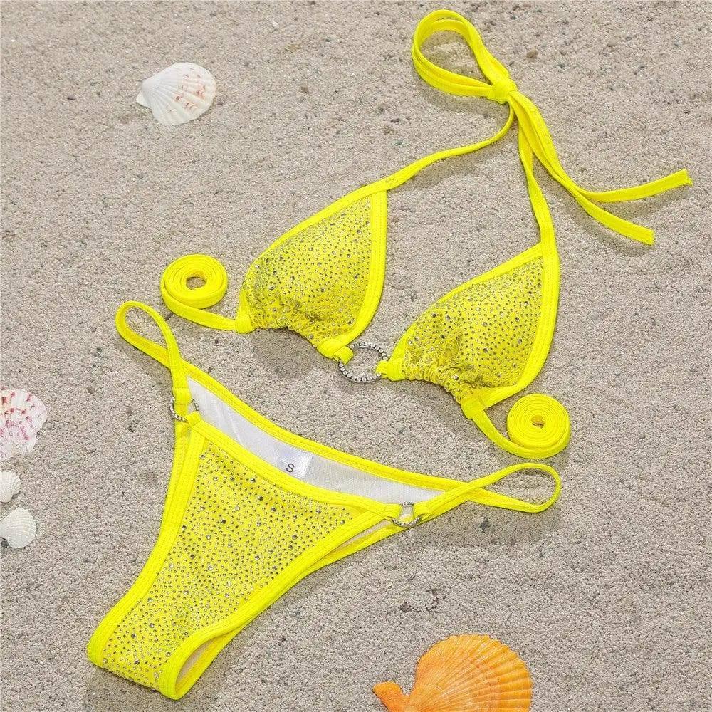 Sexy Lace up Bikini Diamond Swimsuit Split Swimsuit-Yellow-2