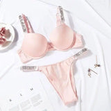 Letter Rhinestone Lingerie Briefs Set Push Up Bra Panty-Pink-4