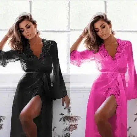 lingerie four-color lace lace pajamas bathrobe-Rosered-3