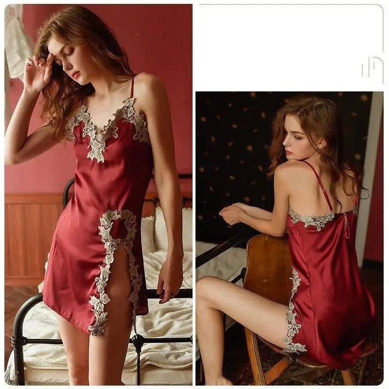 Sexy lingerie lace pajamas-Maroon-3