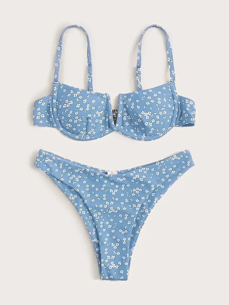 Small Floral Bikini Split Female Swimsuit-Blue-5