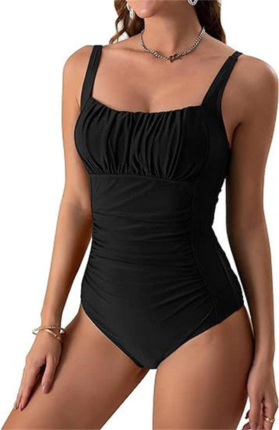 Square Neck One-piece Bikini Summer New Solid Color-Black-11