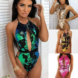 Strappy One-piece Swimsuit Halterneck Sequin Bikini-1