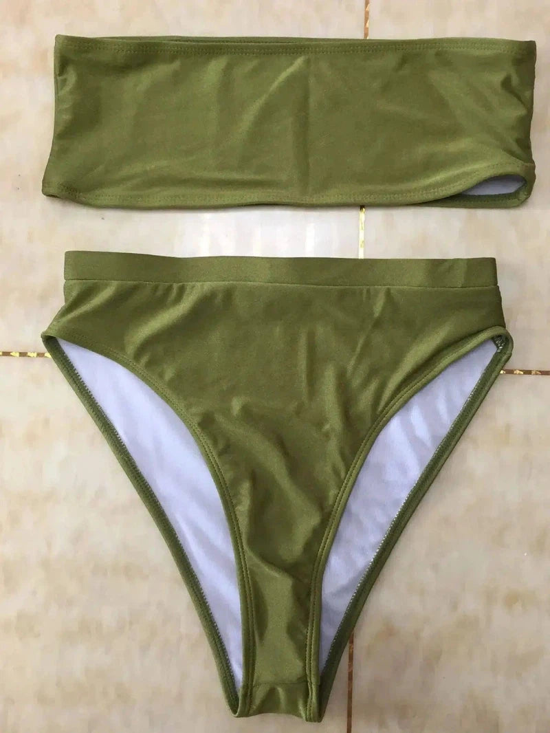 Two-Piece Breast Wrap Swimsuit Bikini Set Tube Top Set-Armygreen-4