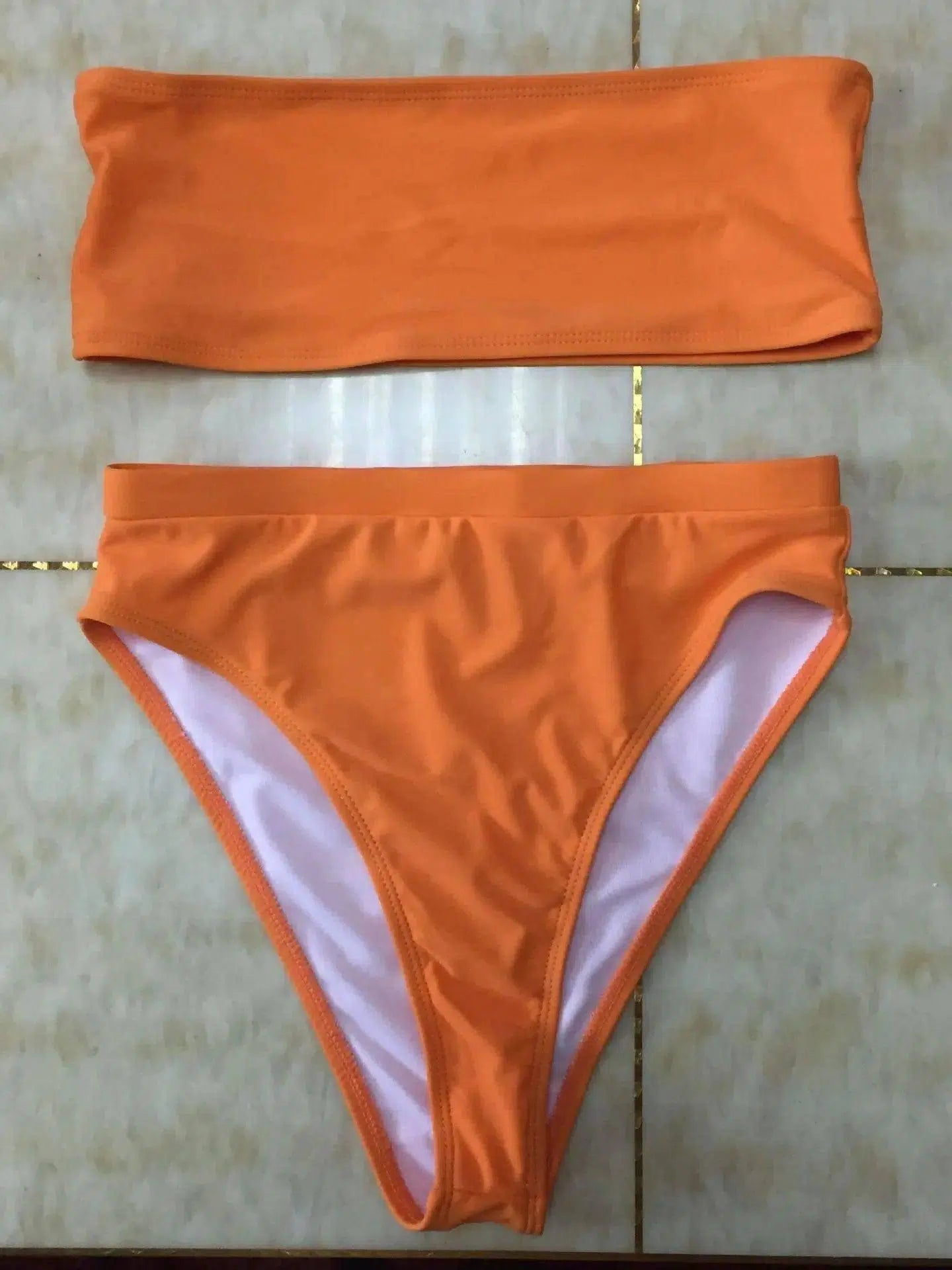 Sexy Two-Piece Breast Wrap Swimsuit Bikini Set Tube Top Set-Orange-6