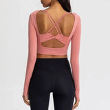 Sexy Yoga Tight Long Sleeve Yoga Top With Chest Pad-Pink-2