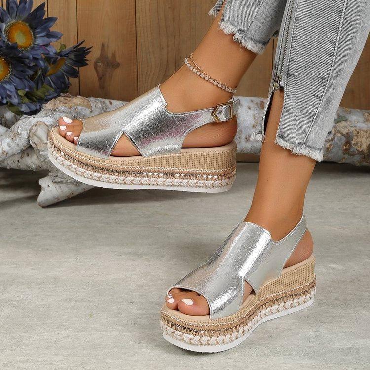 Shiny Hollow Fish Mouth Sandals-Silver-5