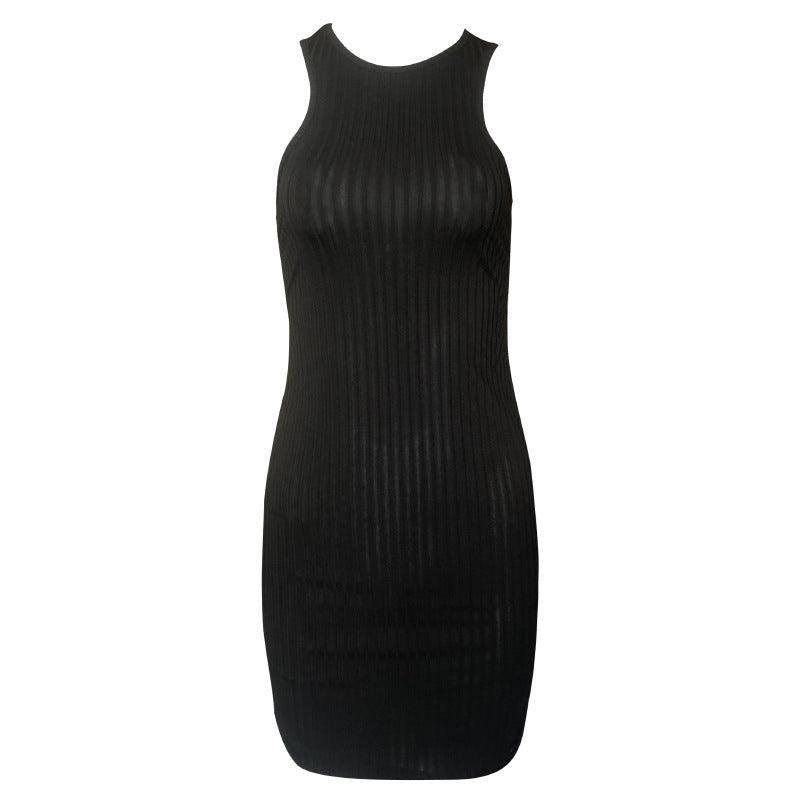 Sleeveless Round Neck Pleated Stretch Slim-fit Sheath Dress-6