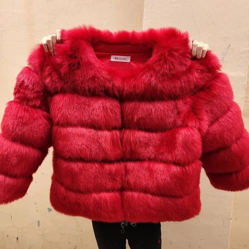 Slim short faux fox fur coat-Red-11