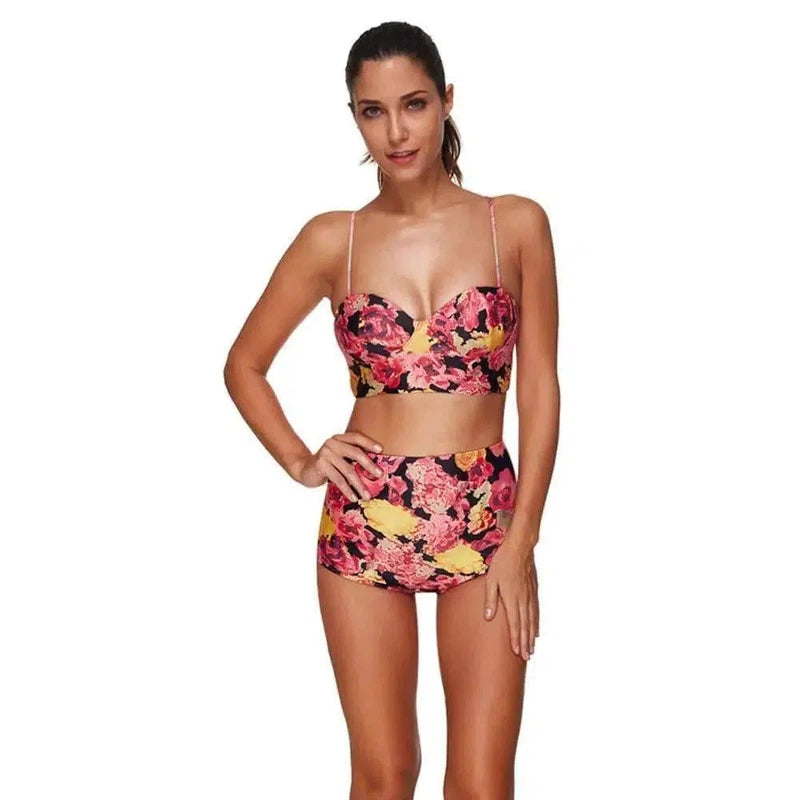 Floral High-Waist Bikini Set - Trendy Women's Swimwear-FlowerColor-1
