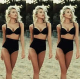 Solid color bikini swimsuit sexy black retro high waist-2