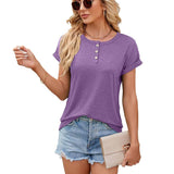 Solid Color Round Neck Button Short Sleeve T-Shirt New Summer Loose Top For Womens Clothing-Purple-3