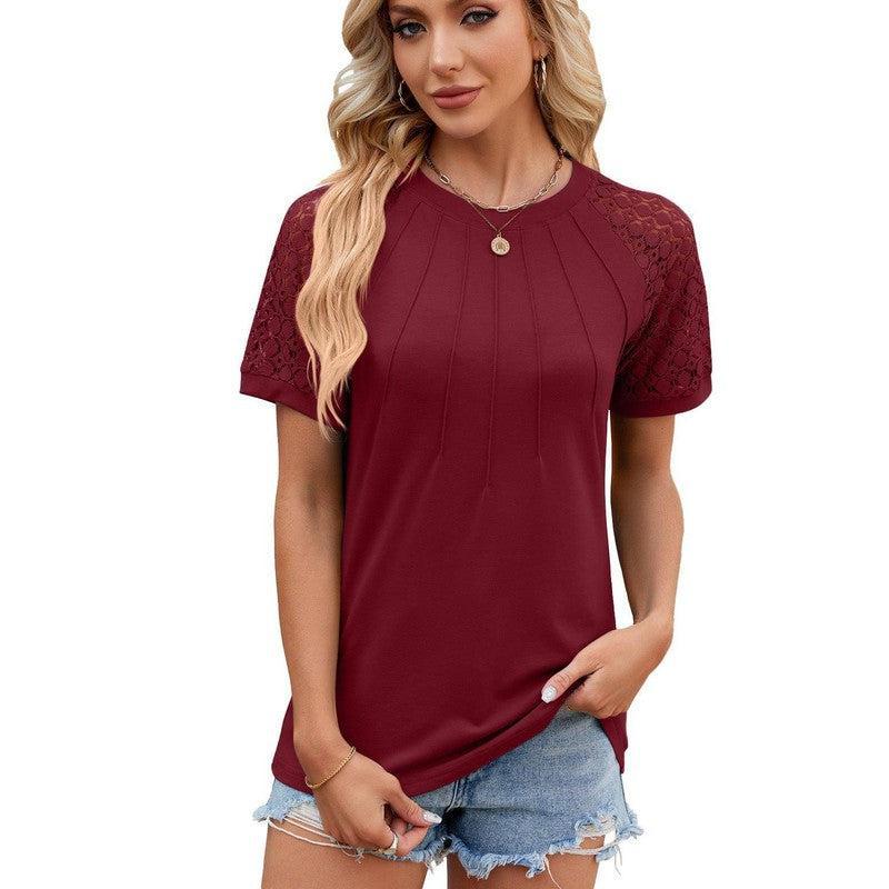 Solid Color Round Neck Top Women's Lace Hollow Design Short Sleeve T-Shirt Summer Womens Clothing-Wine Red-2